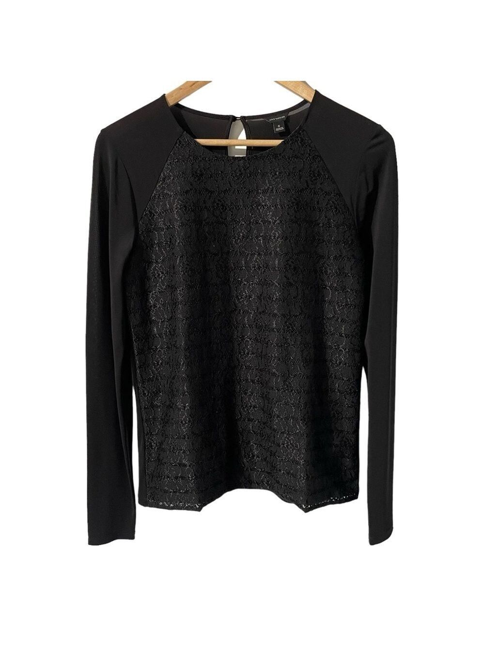 Ann Taylor Sheer Lace Top Womens S Black Long Sleeve Mesh Classy Office Career